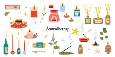 Candles and incense collection. Aromatherapy set, cartoon style. Essential oil, aroma diffuser, candles, burning incense sticks, palo santo vector