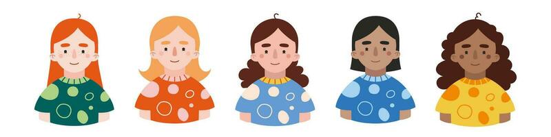 Avatars of multi ethnic girls European, Korean, Indian, African-American, Scandinavian, diversity concept. vector