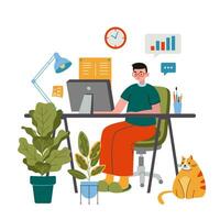 Business man working on computer at the desk, cute cozy home workplace, cartoon style. Online career, self employed concept.  Trendy modern vector illustration, flat