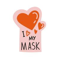 sábana máscara con un corazones yo amor mi mascarilla, dibujos animados estilo. facial piel cuidado, mano dibujado vector