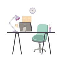 oficina o hogar lugar de trabajo con mesa, silla, computadora y lámpara, dibujos animados estilo. de moda moderno vector ilustración aislado en blanco fondo, mano dibujado, plano