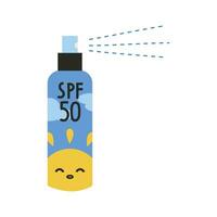 protector solar rociar en botella, spf 50 en dibujos animados estilo. proteccion para el piel desde solar ultravioleta ligero. vector