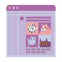 The window of the program for generating images, the AI interface that created cat drawings by prompt, cartoon style. Neural network art, artificial intelligence concept. Vector illustration.