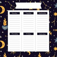 Cute weekly planner background template with Sun and moon, constellations, cartoon style. Space and astrological theme, zodiac. Trendy modern vector illustration, hand drawn, flat