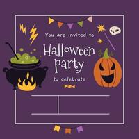 Happy Halloween. Party Invitation Card Template with cauldron and pumpkin, cartoon style. Trendy modern vector illustration, hand drawn, flat