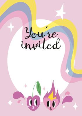 Invitation Card Template, You are invited, with funny comic cute characters and doodles, cherry and heart in love, cartoon style. Trendy modern vector illustration, hand drawn