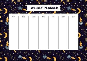 Cute weekly planner with Sun and moon, constellations, cartoon style. Space and astrological theme, zodiac. Schedule for 7 days. Trendy modern vector illustration, hand drawn, flat