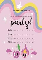 Party Invitation Card Template with funny comic cute characters and doodles, cherry and heart in love, cartoon style. Trendy modern vector illustration, hand drawn