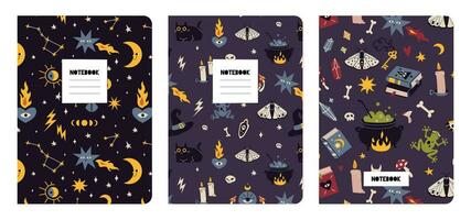 Trendy covers set on a magic theme, cartoon style vector illustration. Cool design with seamless patterns, occult things, Witchcraft aesthetic. For notebooks, planners, brochures, books