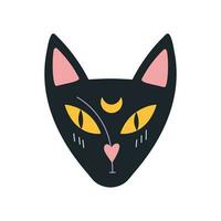 The muzzle of a black cat, an animal of a witch with a moon on her head, cartoon style. Trendy modern vector illustration isolated on white background, hand drawn