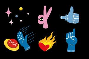 Set of colored Vector illustartions in Cartoon Flat design, hand gestures, burning heart.