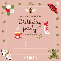 Birthday Party Invitation Card Template, summer vibe, moth, mushrooms, cartoon style. Trendy modern vector illustration, hand drawn, flat