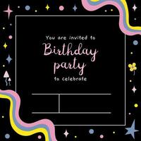 Birthday Party Invitation Card Template, abstract shapes and doodles, cartoon style. Trendy modern vector illustration, hand drawn