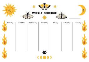 Cute weekly schedule template with magic, astrological theme, cartoon style. Printable A4 paper for bullet journal page. Trendy modern vector illustration, hand drawn, flat