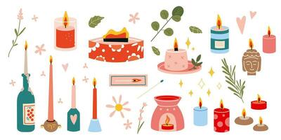 Various Candles set. Different shapes and sizes, cartoon style. Concept of aromatherapy, comfort and coziness. Trendy modern vector illustration isolated on white background, hand drawn