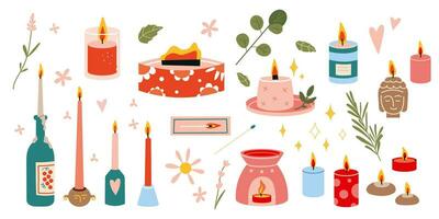 varios velas colocar. diferente formas y tamaños, dibujos animados estilo. concepto de aromaterapia, comodidad y comodidad de moda moderno vector ilustración aislado en blanco fondo, mano dibujado