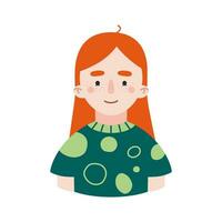 retrato de un niña con rojo cabello, jengibre, pálido piel. joven mujer avatar. vector