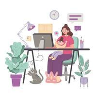 mujer persona de libre dedicación con niño, dibujos animados estilo. negocio mamá participación bebé y trabajando en computadora a hogar. maternidad y carrera profesional, en línea educación. de moda moderno vector ilustración