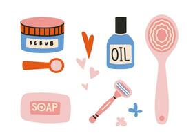 Cosmetics and tools for body care, cartoon style. Personal hygiene set of bathroom equipment vector