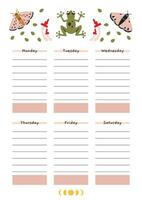 Cute weekly schedule for 6 days. Template with summer vibe, moth, frog, cartoon style. Printable A4 paper for bullet journal page. Trendy modern vector illustration, hand drawn, flat