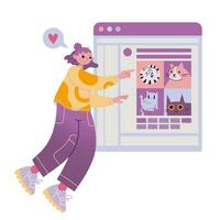 Girl uses AI service to generate images of cat and chooses from options, cartoon style. Neural network, artificial intelligence concept. Trendy modern vector isolated illustration, flat