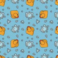Vector seamless pattern with rubber ducks and soap foam, doodle cartoon style. Trendy modern vector illustration, hand drawn, flat