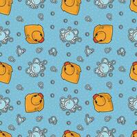 Vector seamless pattern with rubber ducks and soap foam, doodle cartoon style. Trendy modern vector illustration, hand drawn, flat