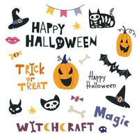 Happy Halloween set with scary letters, pumpkins, bat, decoration elements. Trendy modern vector illustration, hand drawn