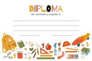 colegio diploma certificado para niños y estudiantes con papelería y Arte suministros, dibujos animados estilo. antecedentes con sitio para texto. de moda moderno vector ilustración, mano dibujado, plano