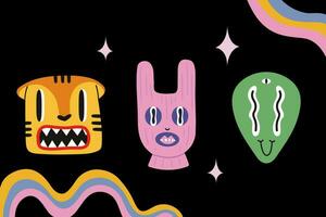 Abstract shapes, funny comic cute characters, tiger, alien, rabbit in balaclava. vector