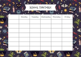 Cute school timetable with magic occult things, cartoon style. Witchcraft, withcore aesthetic. Happy Halloween. Lesson schedule for 5 days. Trendy modern vector illustration, hand drawn, flat