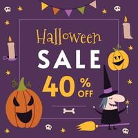 Happy Halloween sale cute banner template design, cartoon style. Discount promotion layout poster for web or social media, advertising and flyers. Trendy vector illustration, hand drawn.