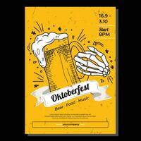 Oktoberfest fiesta póster ilustración con esqueleto mano participación un cerveza en amarillo antecedentes vector