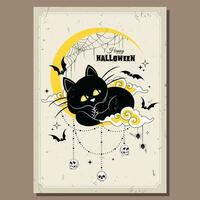 happy halloween card with black cat sleeping on the moon vector