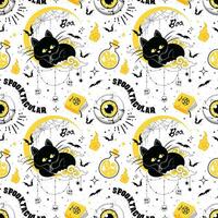 Halloween seamless pattern with black cat and friends in white background. It can be used for textile, wallpaper, wrapping vector