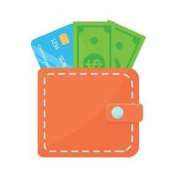 billetera con papel dinero con un crédito tarjeta vector