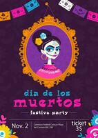 Mexican day of the dead holiday invitation template with portrait of dead girl and flowers in pink, blue and purple shades. vector