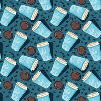 Seamless pattern with coffee cups in light blue color and beans in dark blue background for textile or object prints vector