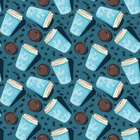 Seamless pattern with coffee cups in light blue color and beans in dark blue background for textile or object prints vector