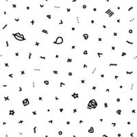 Vector doodle romantic seamless pattern. Black and white hand drawn hearts, love, lips, kisses, speech bubbles, letters and geometric elements. Tiny elements repeatable backdrop.