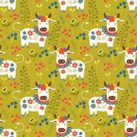 Seamless baby print pattern on green floral background cows decorated with flowers in folkloric style for textiles or objects vector
