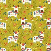 Seamless baby print pattern on green floral background cows decorated with flowers in folkloric style for textiles or objects vector