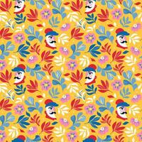 Seamless pattern with abstract male faces and red and blue colors. Vector pattern with masculine faces with mustache in abstract simple shapes on yellow background for textile prints or objects