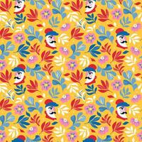 Seamless pattern with abstract male faces and red and blue colors. Vector pattern with masculine faces with mustache in abstract simple shapes on yellow background for textile prints or objects