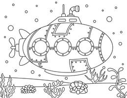 Coloring book or page for kids. Submarine black and white vector illustration. doodle style