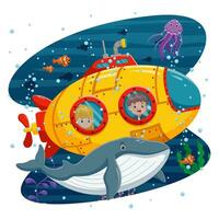 Cartoon Submarine Under The Sea. Small inquisitive children on bathyscaphe explore underwater world. Vector illustration