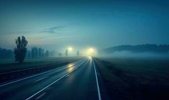 clásico noche ver de el la carretera. noche la carretera después lluvia. autopista a ciudad en puesta de sol. para bandera, tarjeta postal, libro ilustración. creado con generativo ai herramientas foto