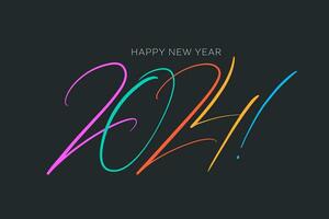 Happy new year 2024 modern thin lettering. New Year minimalistic elegant greeting card. Hand drawn colorful inscription on dark background. vector