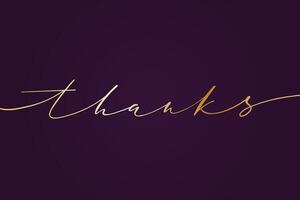 Thanks word golden script lettering on violet background card. Vector design for prints, web, banners, posters.