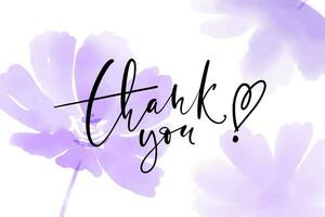 Thank you horizontal vector card. Hand drawn greetings lettering. Modern thin script lettering on watercolor flowers background.